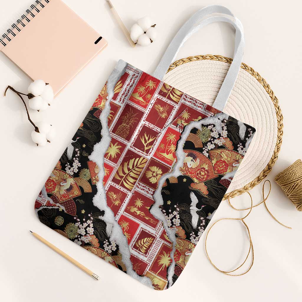 Hawaii Japanese Culture Black Tote Bag Spring Cranes Aloha Pattern