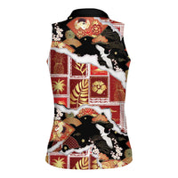 Hawaii Japanese Culture Black Women Sleeveless Polo Shirt Spring Cranes Aloha Pattern