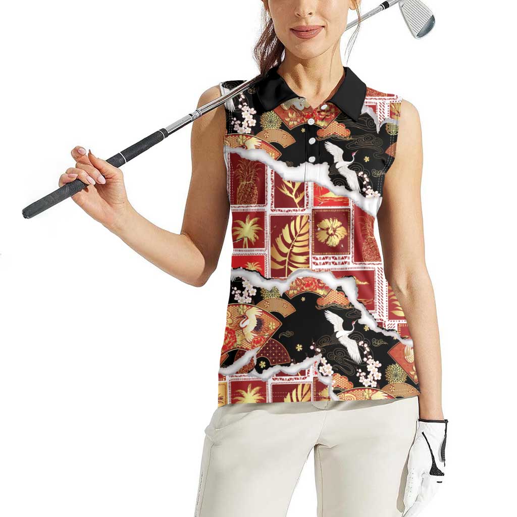 Hawaii Japanese Culture Black Women Sleeveless Polo Shirt Spring Cranes Aloha Pattern
