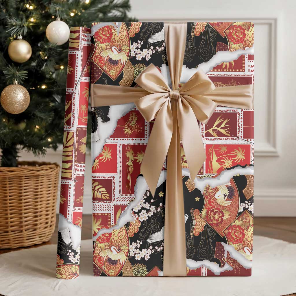 Hawaii Japanese Culture Black Wrapping Paper Spring Cranes Aloha Pattern