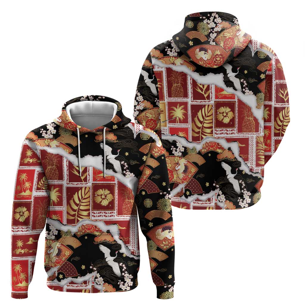Hawaii Japanese Culture Black Zip Hoodie Spring Cranes Aloha Pattern