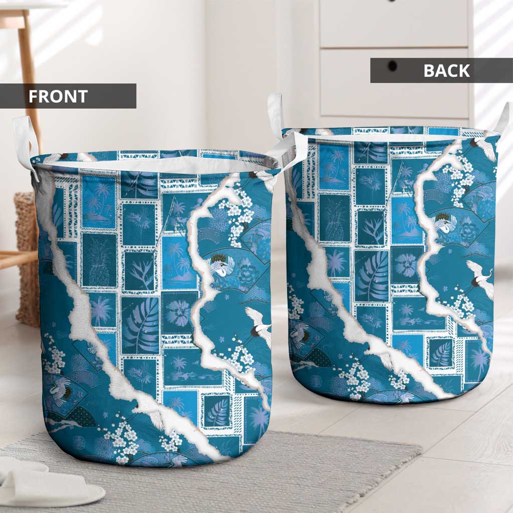 Hawaii Japanese Culture Blue Laundry Basket Spring Cranes Aloha Pattern