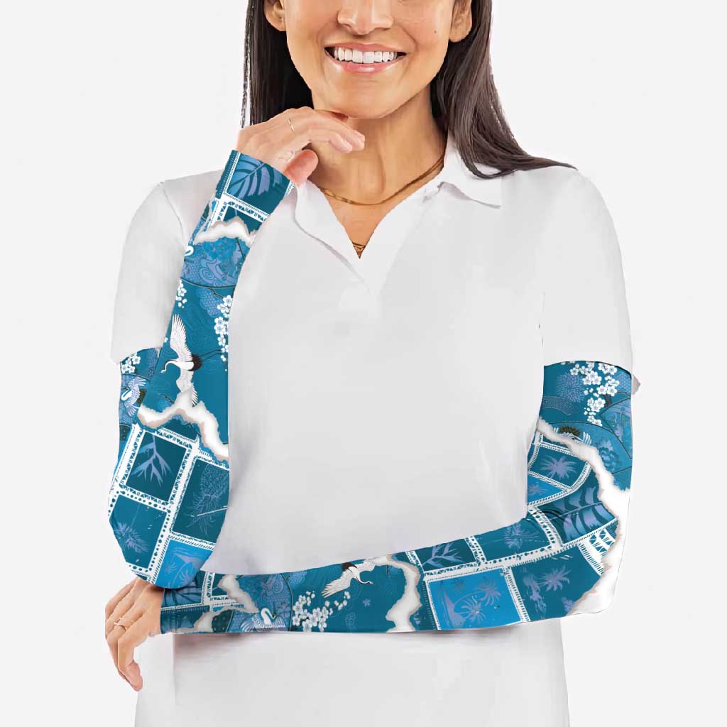 Hawaii Japanese Culture Blue Arm Sleeves Spring Cranes Aloha Pattern