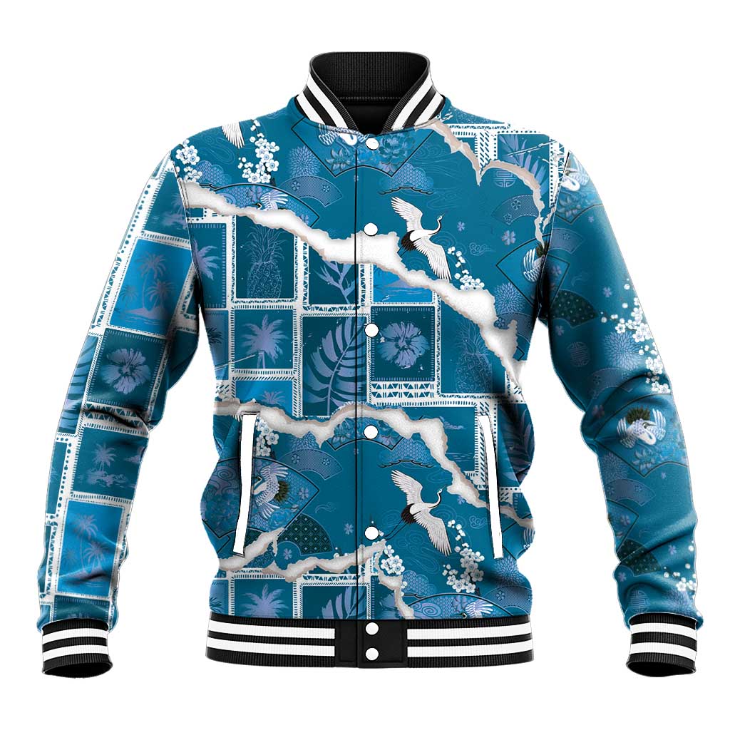 Hawaii Japanese Culture Blue Baseball Jacket Spring Cranes Aloha Pattern