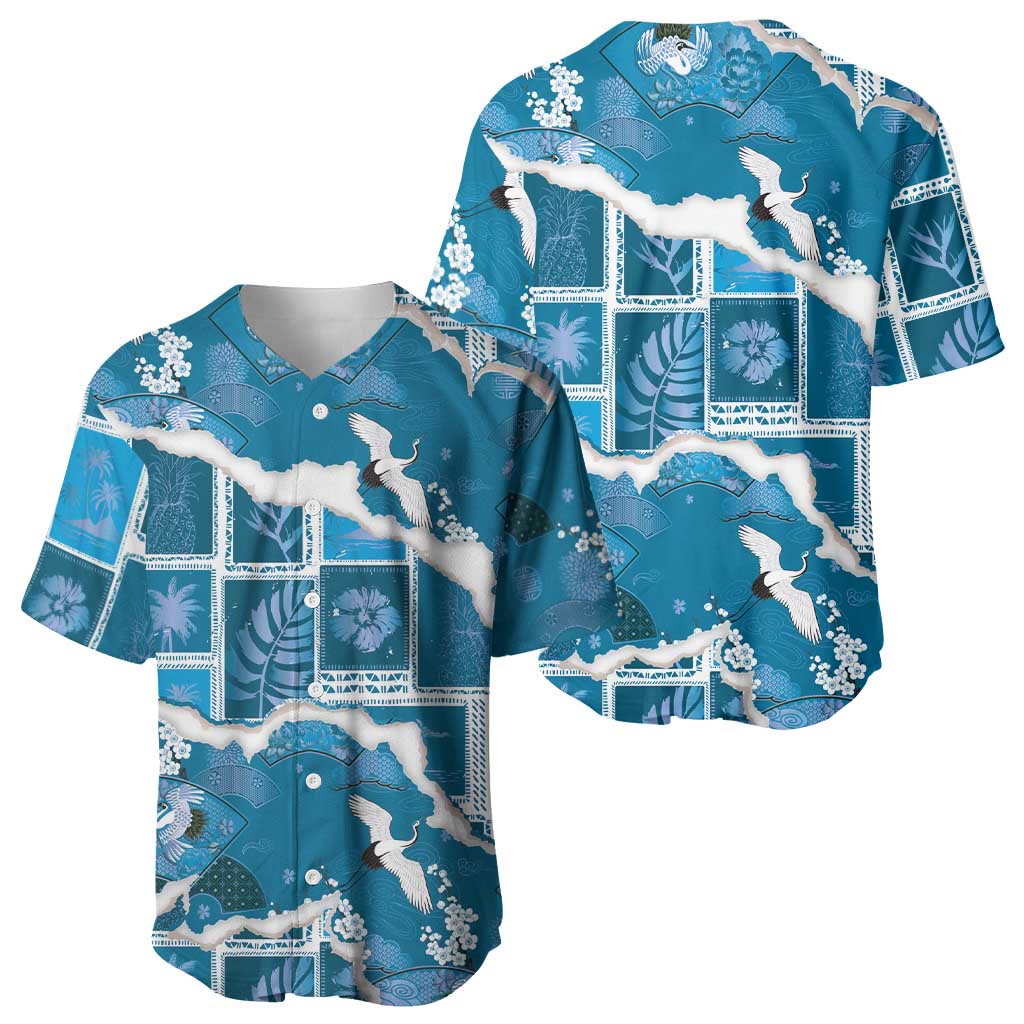 Hawaii Japanese Culture Blue Baseball Jersey Spring Cranes Aloha Pattern