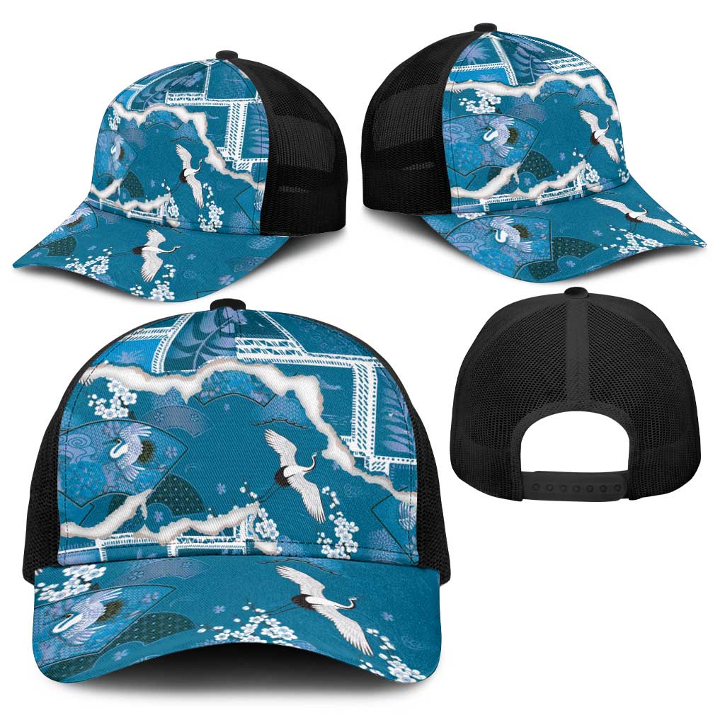 Hawaii Japanese Culture Blue Baseball Net Cap Spring Cranes Aloha Pattern