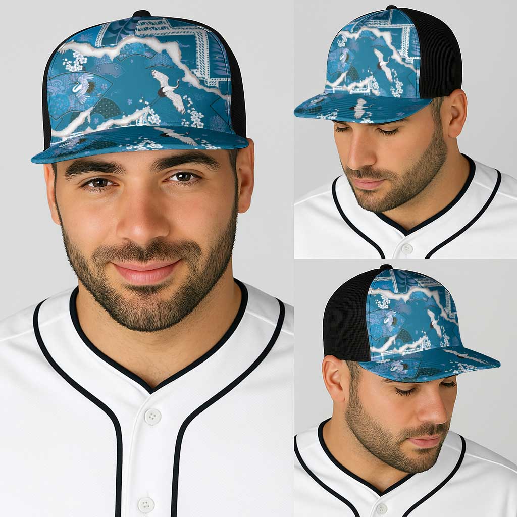 Hawaii Japanese Culture Blue Baseball Net Cap Spring Cranes Aloha Pattern