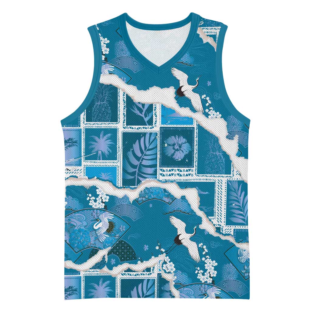 Hawaii Japanese Culture Blue Basketball Jersey Spring Cranes Aloha Pattern