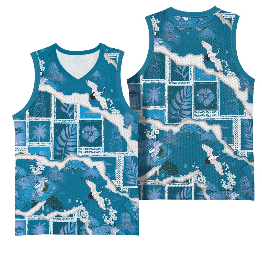 Hawaii Japanese Culture Blue Basketball Jersey Spring Cranes Aloha Pattern