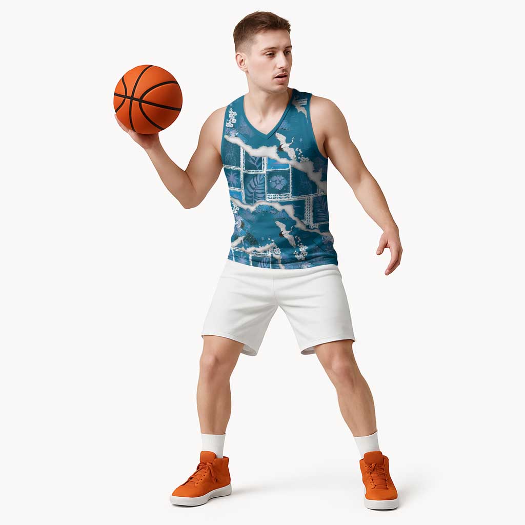 Hawaii Japanese Culture Blue Basketball Jersey Spring Cranes Aloha Pattern