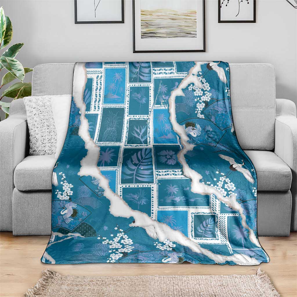 Hawaii Japanese Culture Blue Blanket Spring Cranes Aloha Pattern