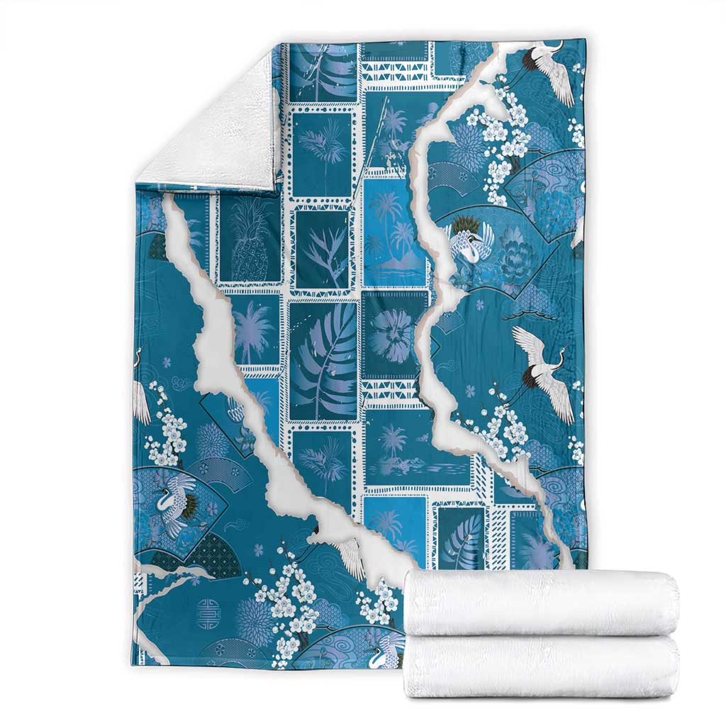 Hawaii Japanese Culture Blue Blanket Spring Cranes Aloha Pattern