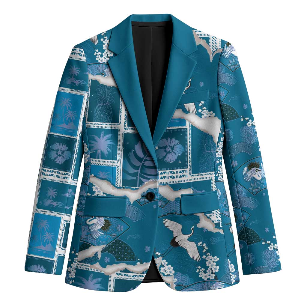 Hawaii Japanese Culture Blue Blazer Spring Cranes Aloha Pattern