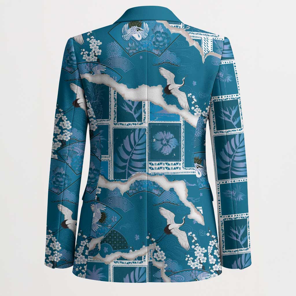 Hawaii Japanese Culture Blue Blazer Spring Cranes Aloha Pattern
