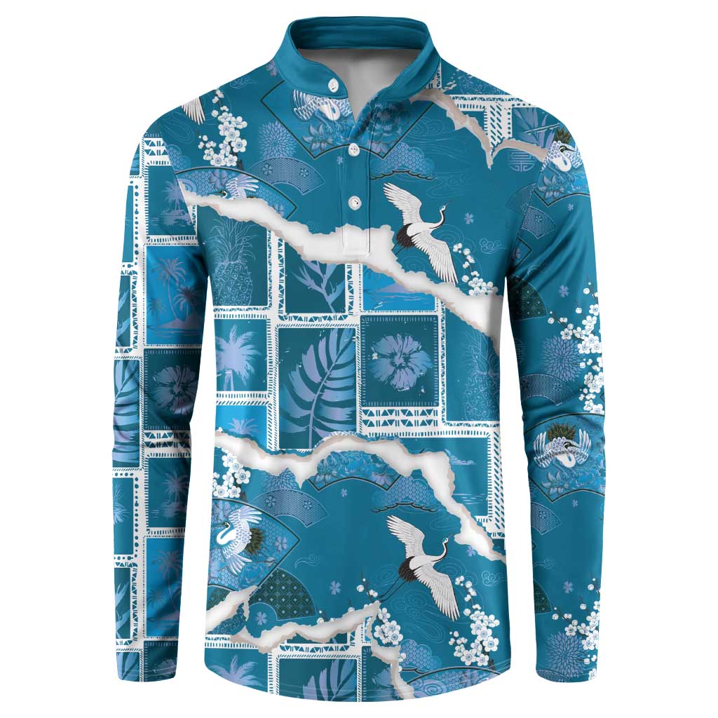 Hawaii Japanese Culture Blue Button Sweatshirt Spring Cranes Aloha Pattern