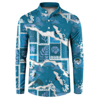 Hawaii Japanese Culture Blue Button Sweatshirt Spring Cranes Aloha Pattern