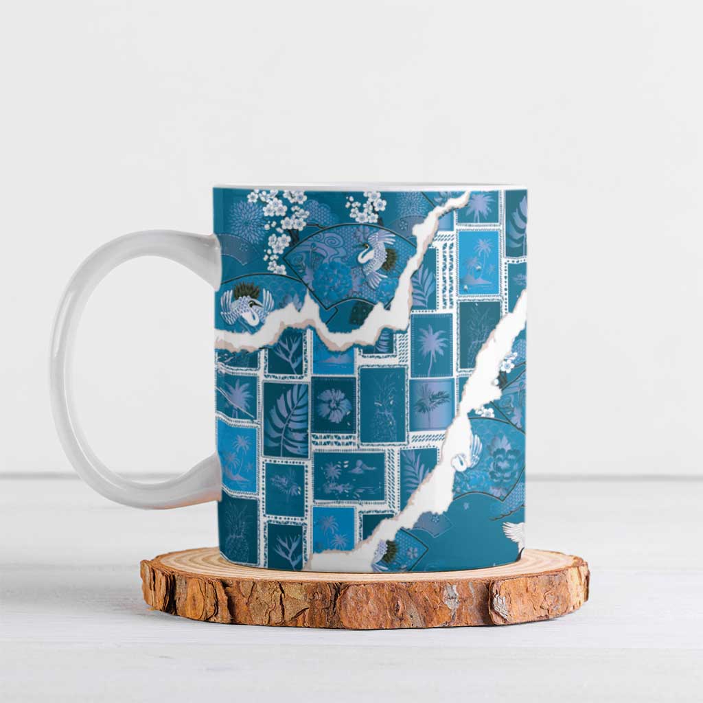 Hawaii Japanese Culture Blue Ceramic Mug Spring Cranes Aloha Pattern