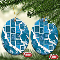 Hawaii Japanese Culture Blue Ceramic Ornament Spring Cranes Aloha Pattern LT01 Oval Blue - Polynesian Pride