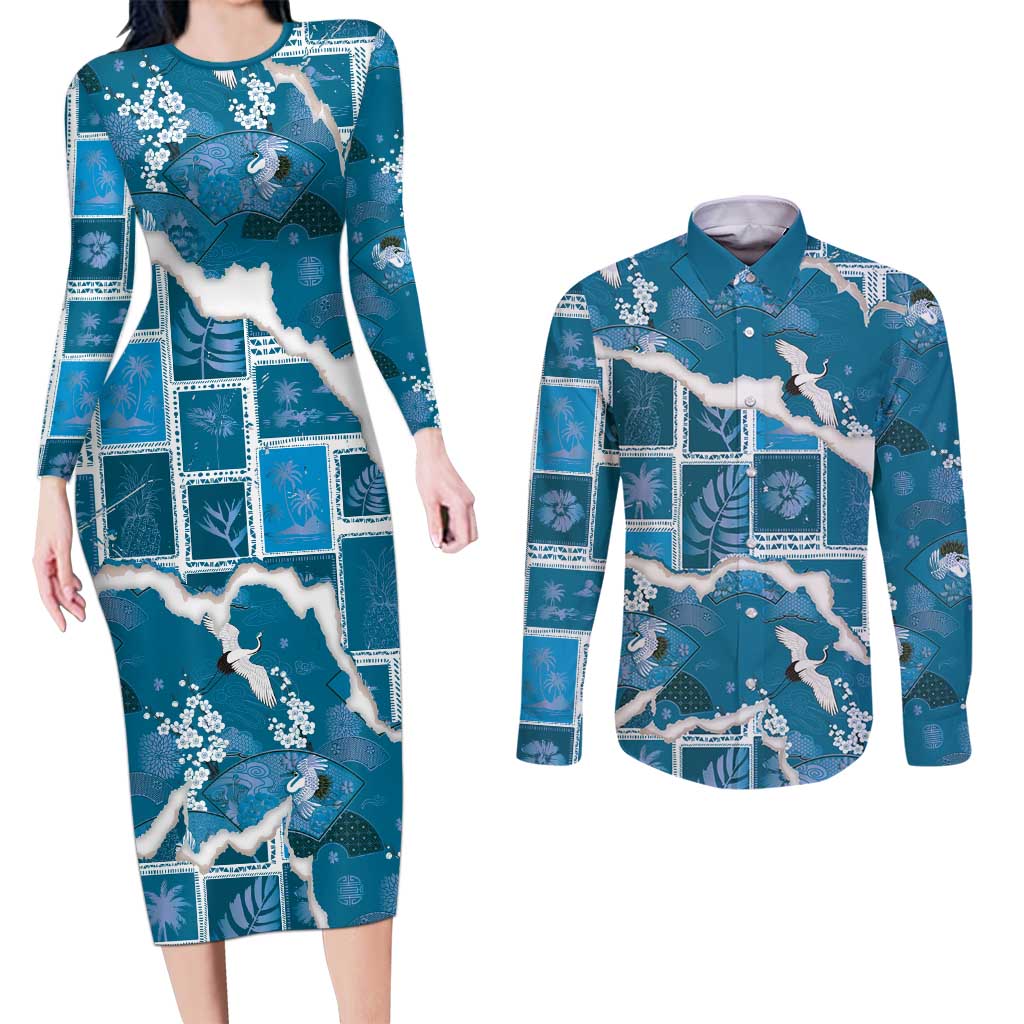 Hawaii Japanese Culture Blue Couples Matching Long Sleeve Bodycon Dress and Long Sleeve Button Shirt Spring Cranes Aloha Pattern