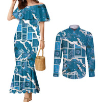 Hawaii Japanese Culture Blue Couples Matching Mermaid Dress and Long Sleeve Button Shirt Spring Cranes Aloha Pattern