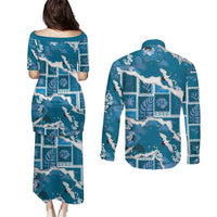 Hawaii Japanese Culture Blue Couples Matching Puletasi and Long Sleeve Button Shirt Spring Cranes Aloha Pattern