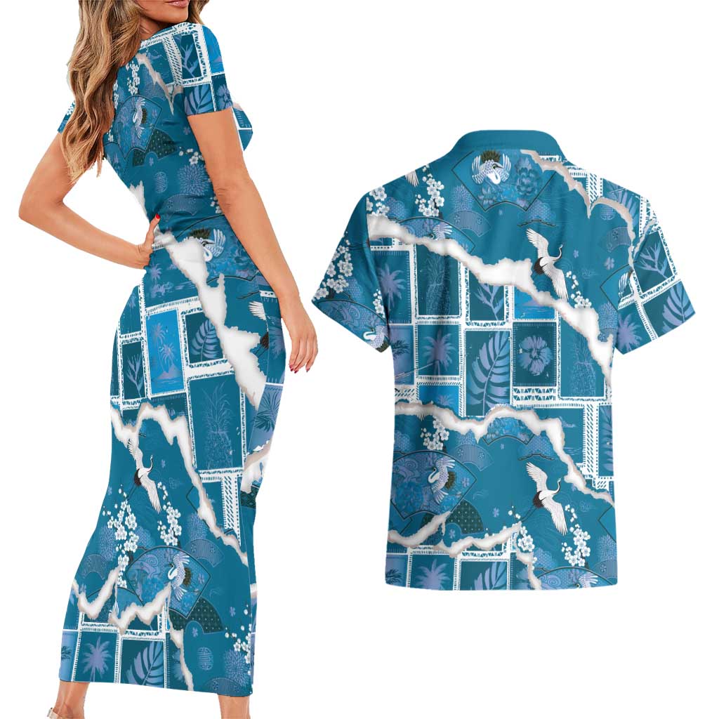 Hawaii Japanese Culture Blue Couples Matching Short Sleeve Bodycon Dress and Hawaiian Shirt Spring Cranes Aloha Pattern