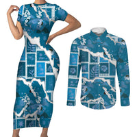 Hawaii Japanese Culture Blue Couples Matching Short Sleeve Bodycon Dress and Long Sleeve Button Shirt Spring Cranes Aloha Pattern