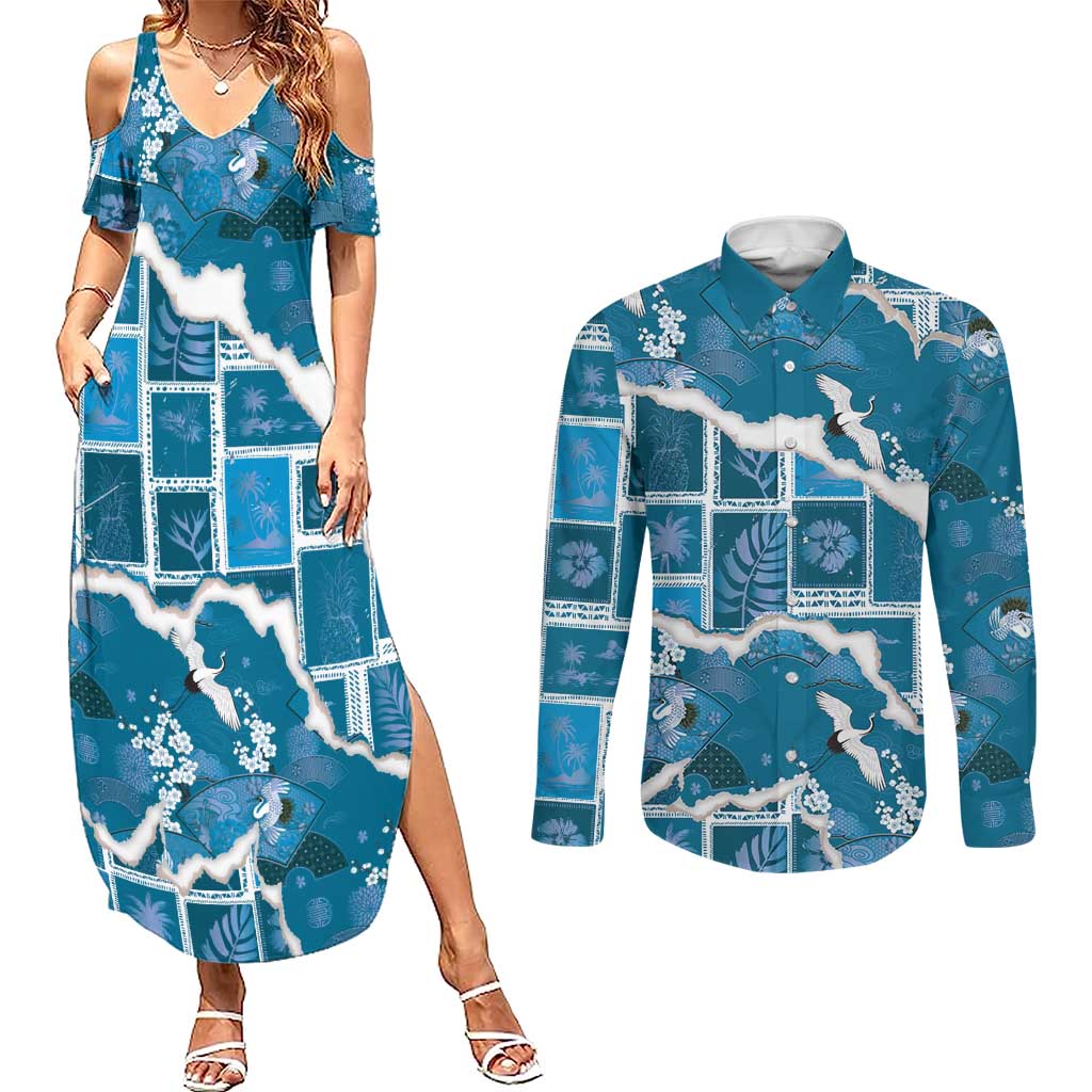 Hawaii Japanese Culture Blue Couples Matching Summer Maxi Dress and Long Sleeve Button Shirt Spring Cranes Aloha Pattern