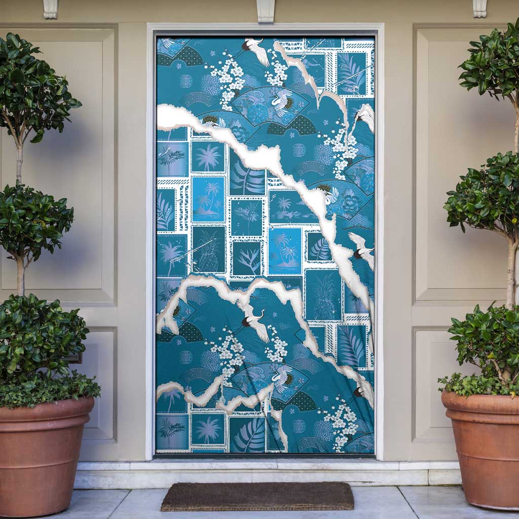 Hawaii Japanese Culture Blue Door Cover Spring Cranes Aloha Pattern