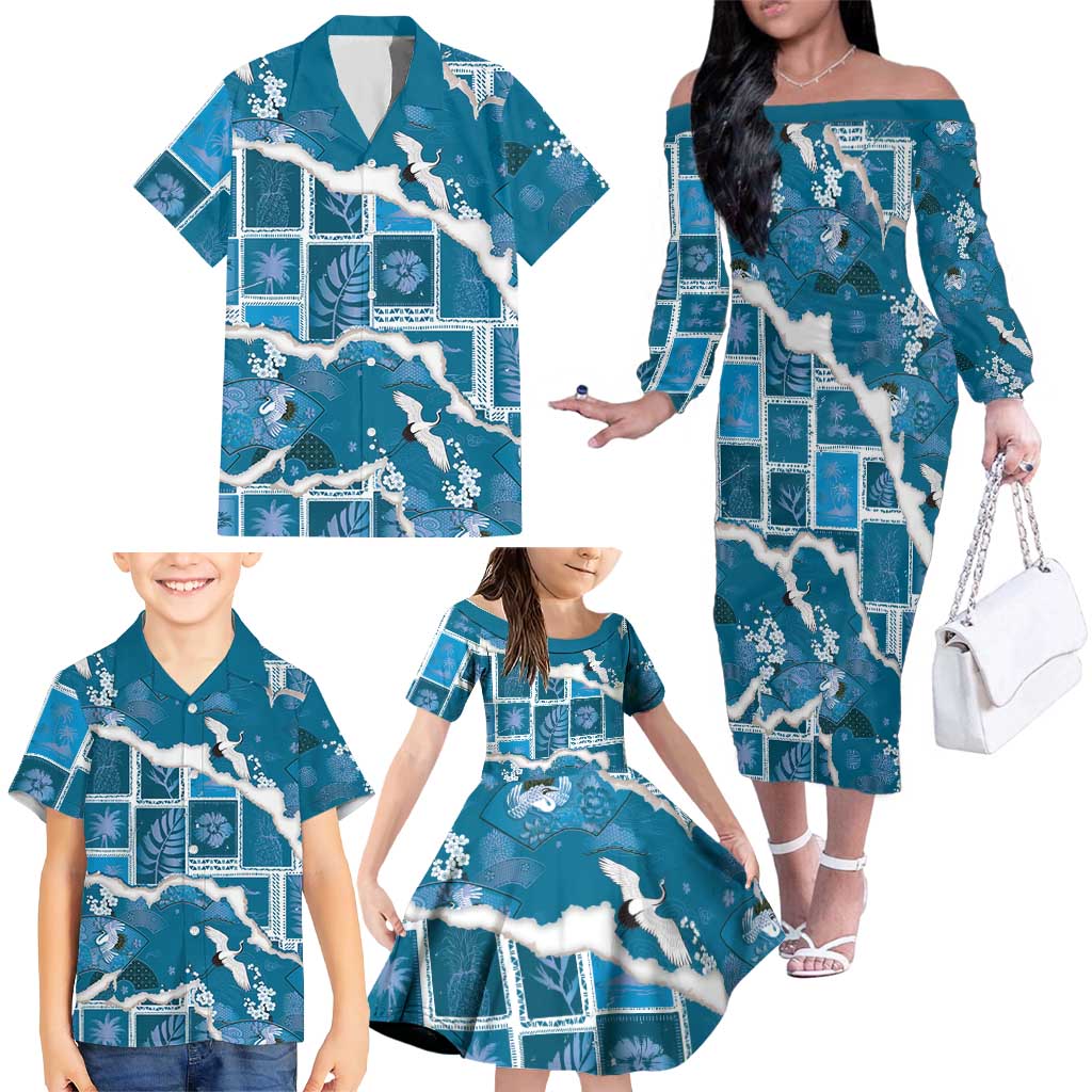 Hawaii Japanese Culture Blue Family Matching Off The Shoulder Long Sleeve Dress and Hawaiian Shirt Spring Cranes Aloha Pattern LT01 - Polynesian Pride