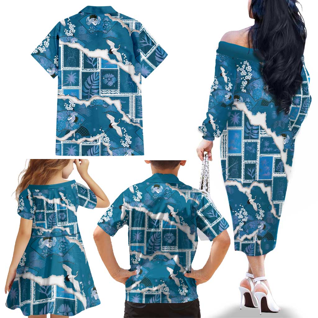 Hawaii Japanese Culture Blue Family Matching Off The Shoulder Long Sleeve Dress and Hawaiian Shirt Spring Cranes Aloha Pattern LT01 - Polynesian Pride