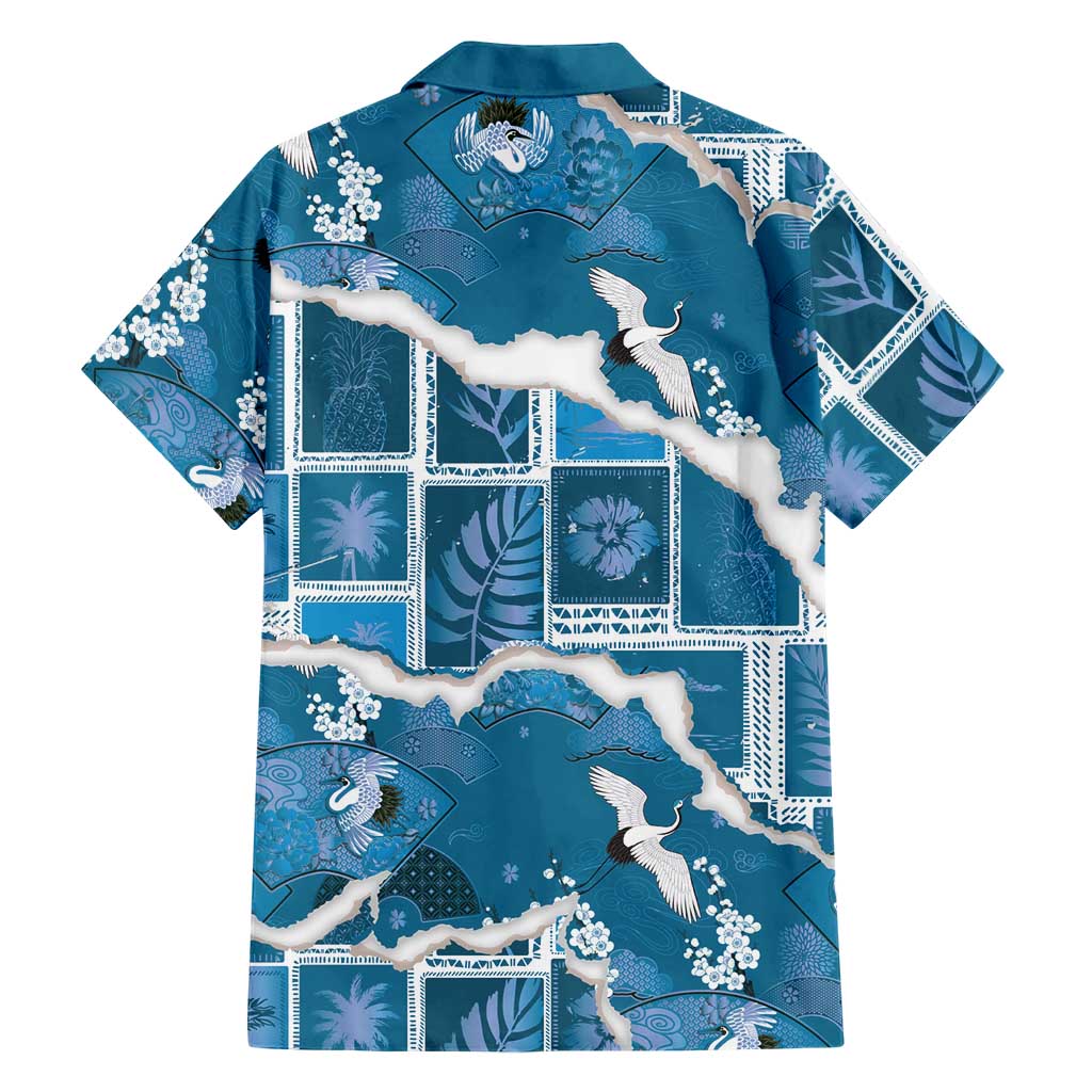 Hawaii Japanese Culture Blue Family Matching Off The Shoulder Long Sleeve Dress and Hawaiian Shirt Spring Cranes Aloha Pattern LT01 - Polynesian Pride