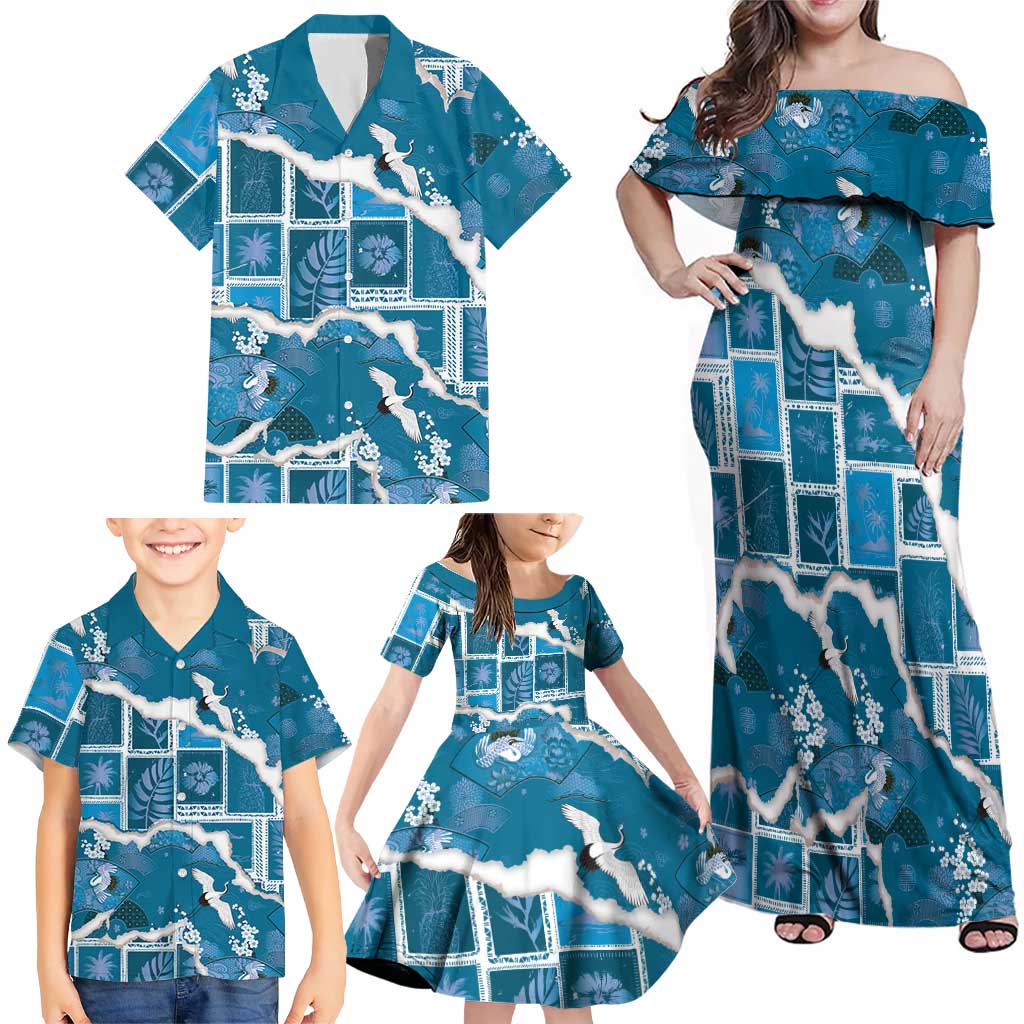 Hawaii Japanese Culture Blue Family Matching Off Shoulder Maxi Dress and Hawaiian Shirt Spring Cranes Aloha Pattern