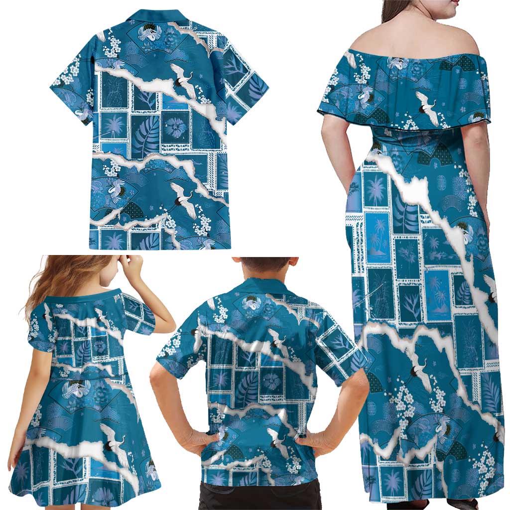 Hawaii Japanese Culture Blue Family Matching Off Shoulder Maxi Dress and Hawaiian Shirt Spring Cranes Aloha Pattern