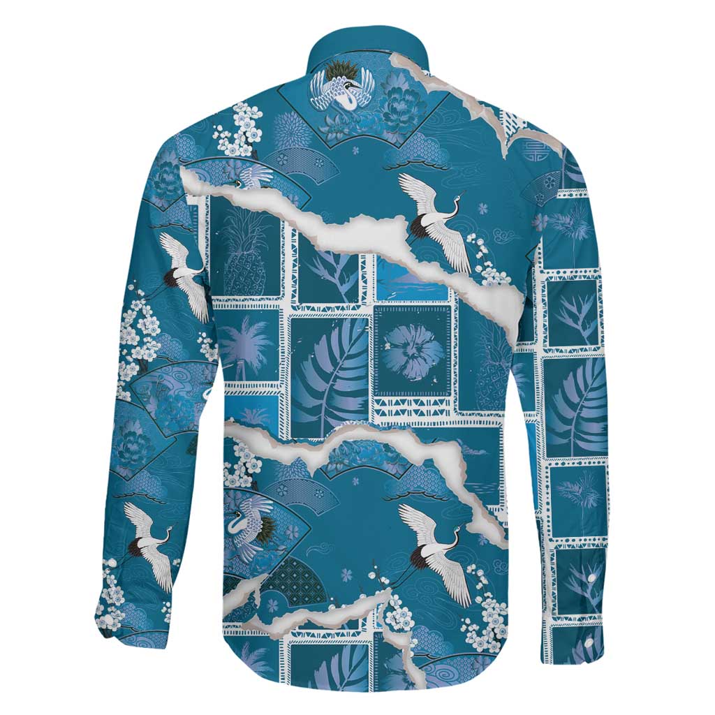 Hawaii Japanese Culture Blue Family Matching Off Shoulder Maxi Dress and Hawaiian Shirt Spring Cranes Aloha Pattern