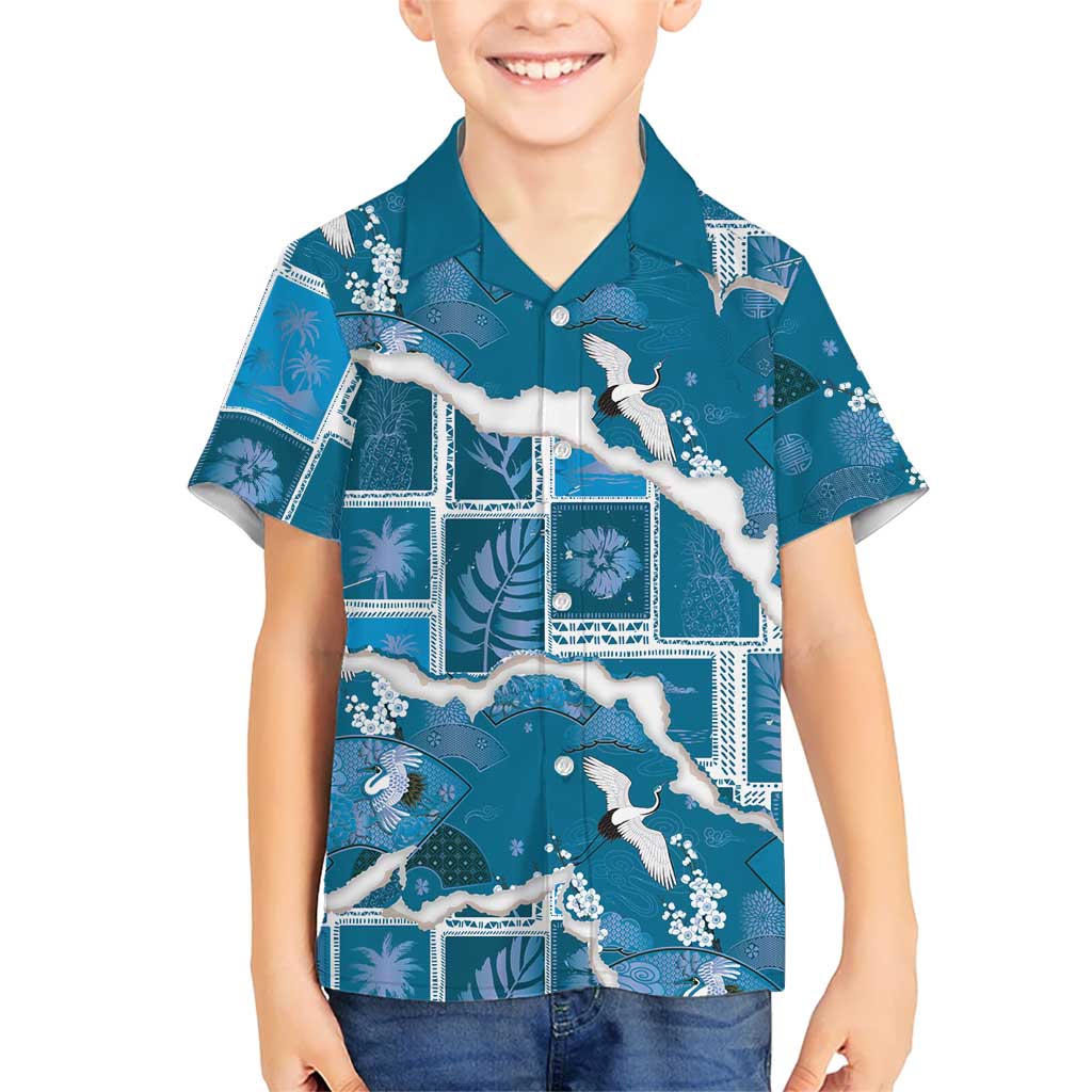 Hawaii Japanese Culture Blue Family Matching Off Shoulder Maxi Dress and Hawaiian Shirt Spring Cranes Aloha Pattern