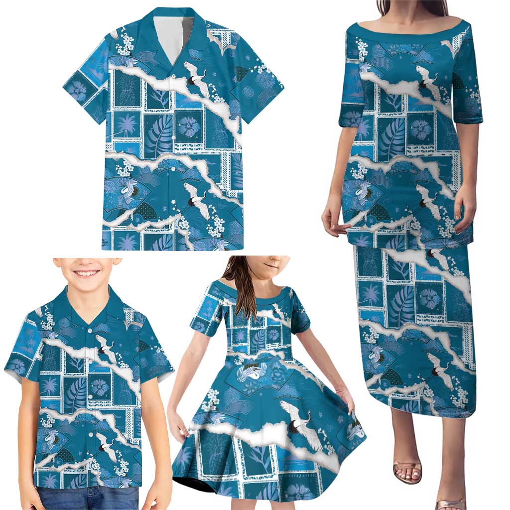 Hawaii Japanese Culture Blue Family Matching Puletasi and Hawaiian Shirt Spring Cranes Aloha Pattern