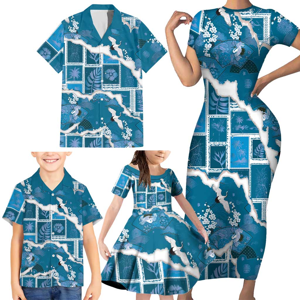 Hawaii Japanese Culture Blue Family Matching Short Sleeve Bodycon Dress and Hawaiian Shirt Spring Cranes Aloha Pattern LT01 - Polynesian Pride