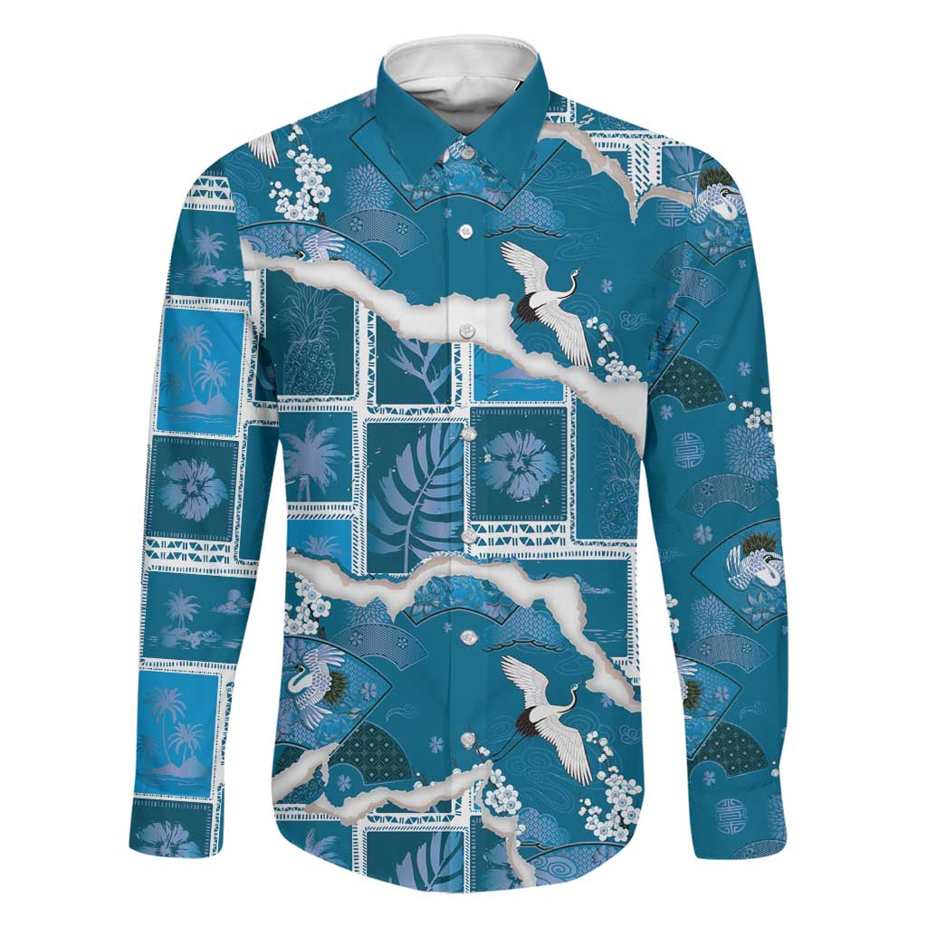 Hawaii Japanese Culture Blue Family Matching Summer Maxi Dress and Hawaiian Shirt Spring Cranes Aloha Pattern