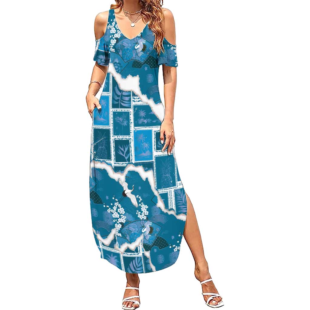 Hawaii Japanese Culture Blue Family Matching Summer Maxi Dress and Hawaiian Shirt Spring Cranes Aloha Pattern