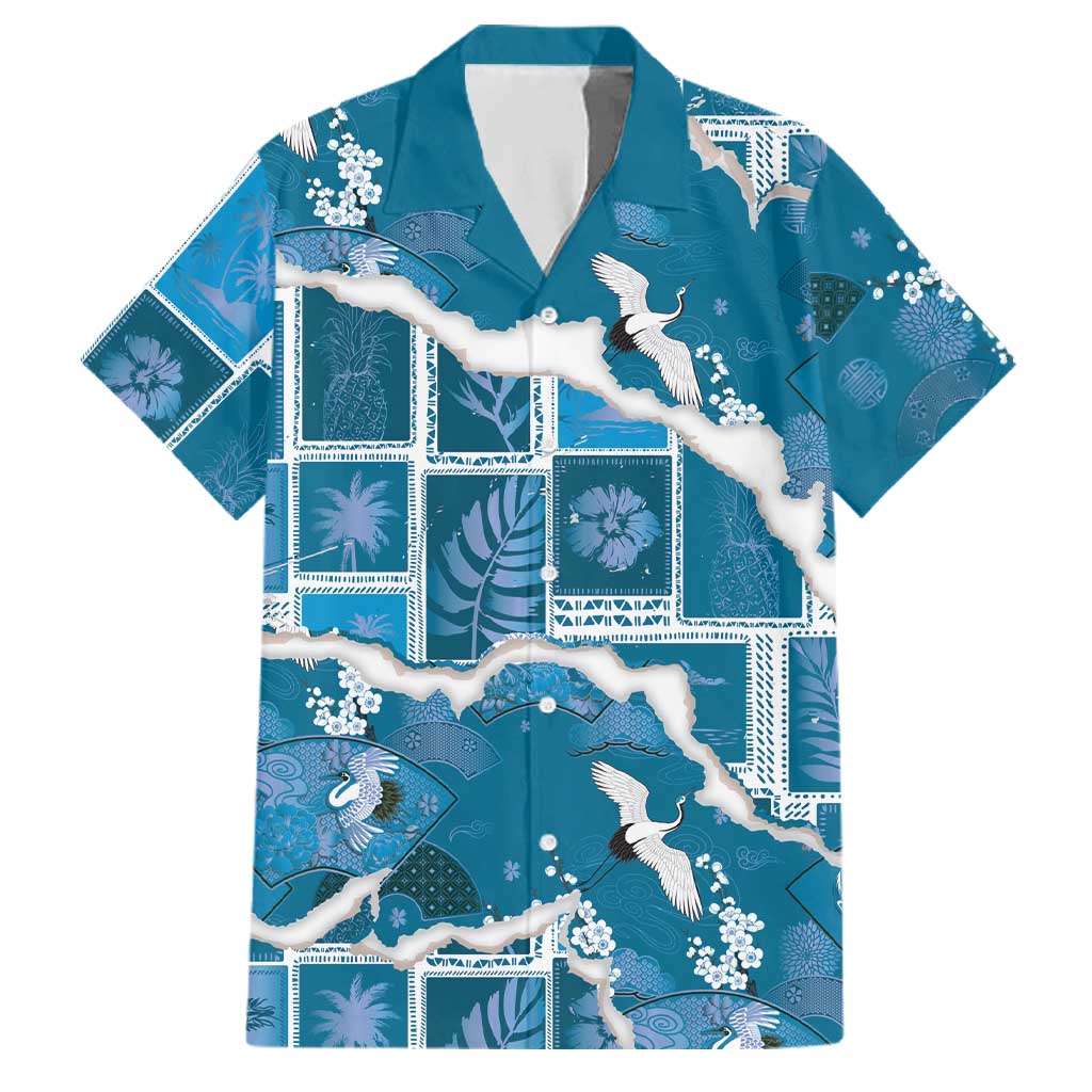 Hawaii Japanese Culture Blue Family Matching Tank Maxi Dress and Hawaiian Shirt Spring Cranes Aloha Pattern