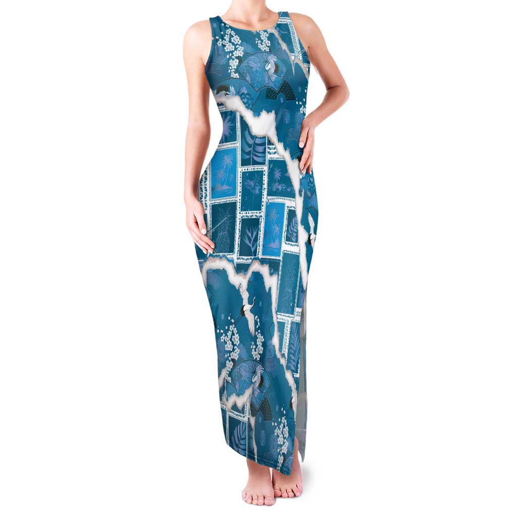 Hawaii Japanese Culture Blue Family Matching Tank Maxi Dress and Hawaiian Shirt Spring Cranes Aloha Pattern