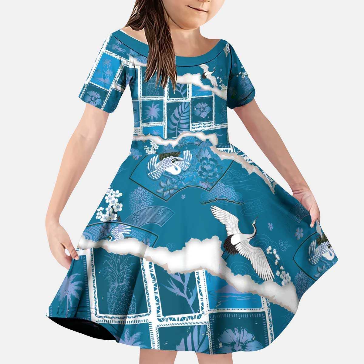Hawaii Japanese Culture Blue Kid Short Sleeve Dress Spring Cranes Aloha Pattern