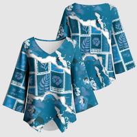 Hawaii Japanese Culture Blue Kimono Sleeve Blouse Spring Cranes Aloha Pattern