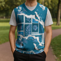 Hawaii Japanese Culture Blue Christmas Knitted V-Neck Vest Spring Cranes Aloha Pattern LT01 - Polynesian Pride