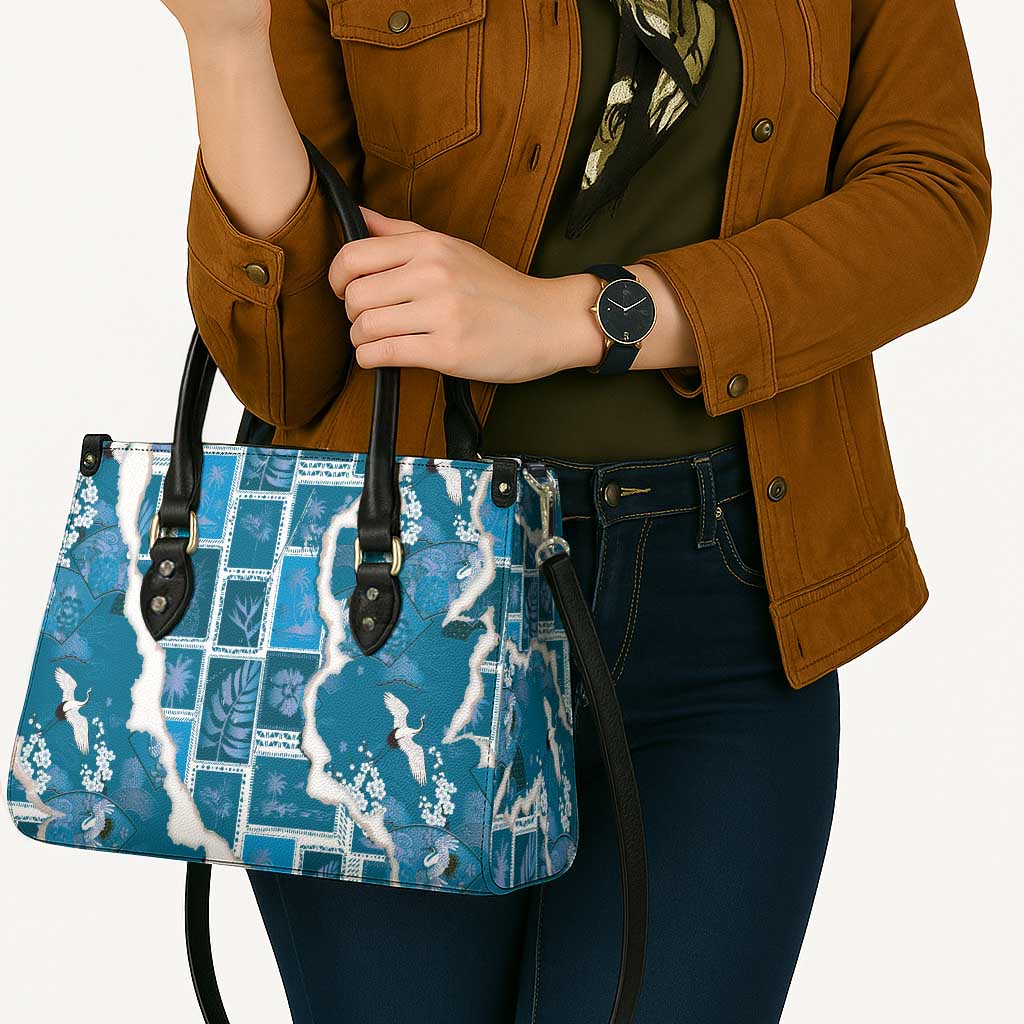 Hawaii Japanese Culture Blue Leather Bag Spring Cranes Aloha Pattern