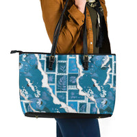 Hawaii Japanese Culture Blue Leather Tote Bag Spring Cranes Aloha Pattern