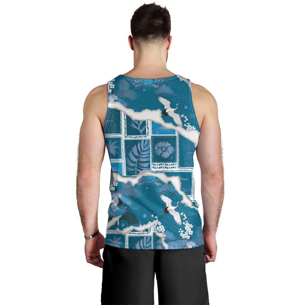 Hawaii Japanese Culture Blue Men Tank Top Spring Cranes Aloha Pattern
