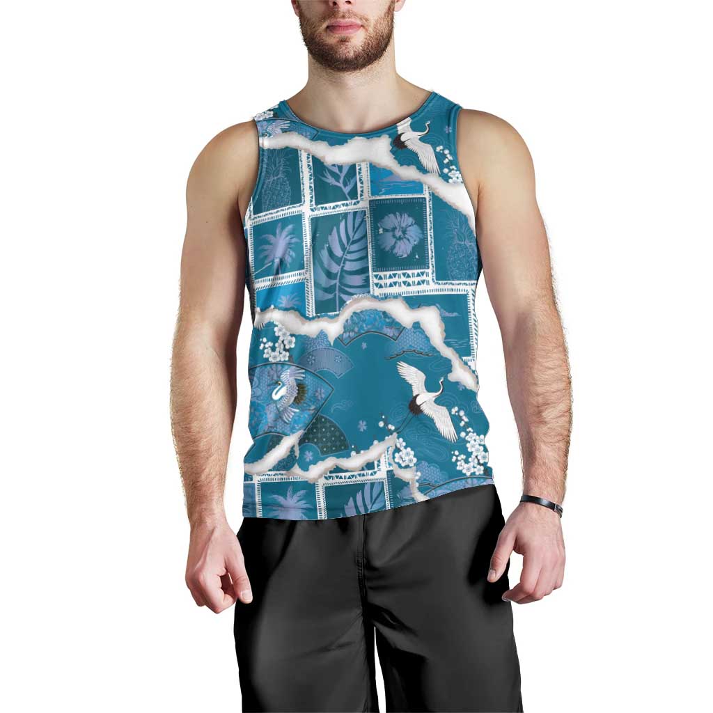 Hawaii Japanese Culture Blue Men Tank Top Spring Cranes Aloha Pattern