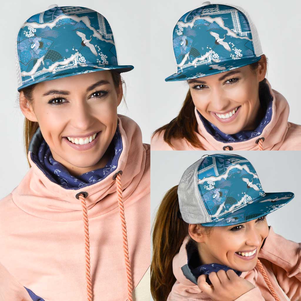 Hawaii Japanese Culture Blue Mesh Trucker Cap Spring Cranes Aloha Pattern